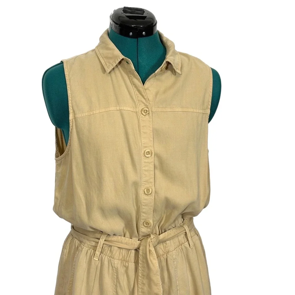 Cloth & Stone Romper Button Front Tie Waist Size M Tan Utility Safari Sleeveless
